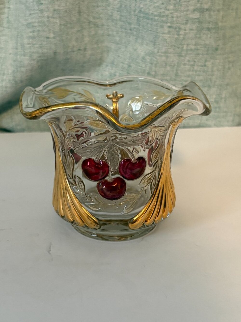 Vintage Mosser Glass w/Cherry&Cable Embossed Glass w/Fluted Rim Gold Accented